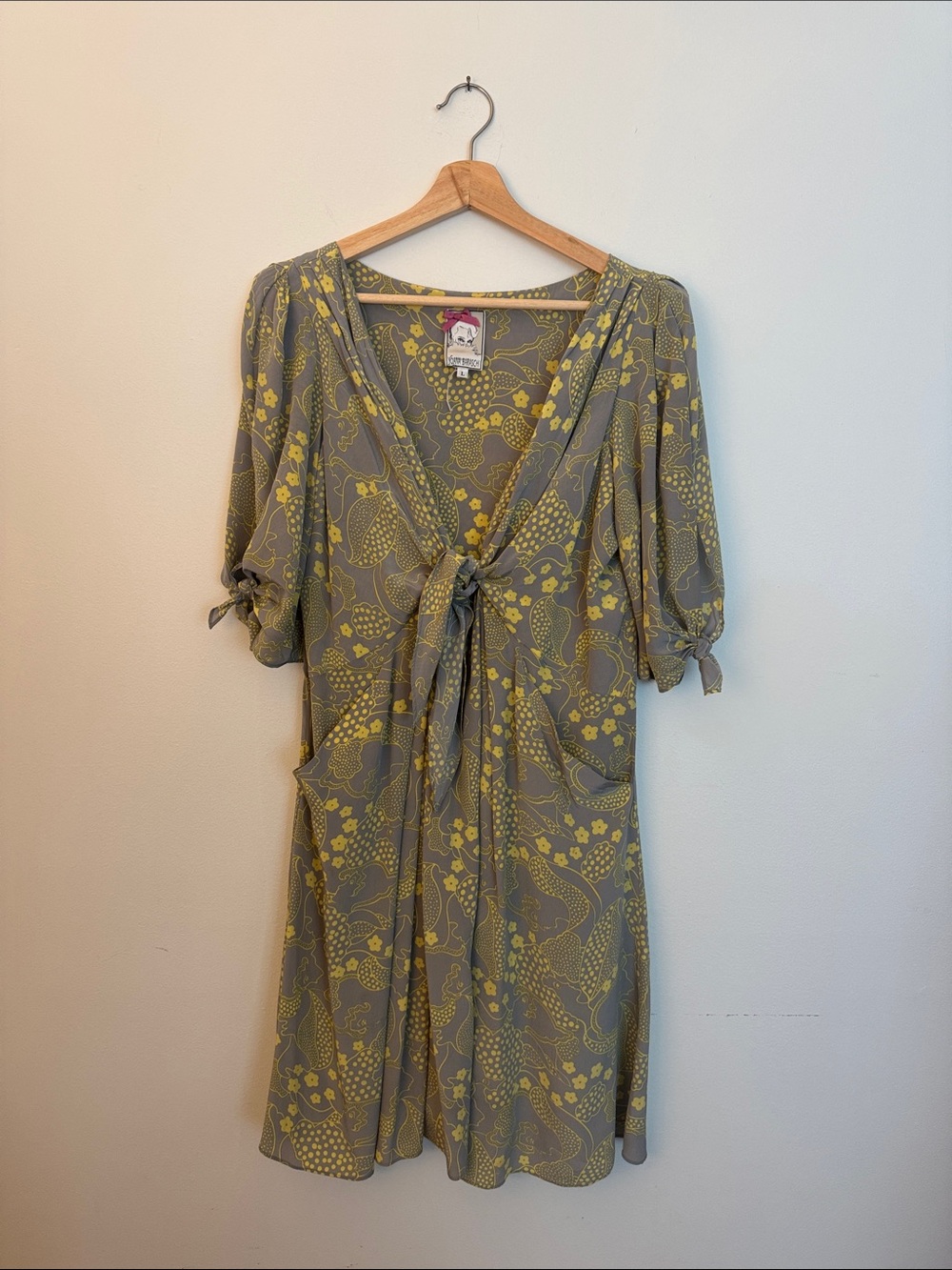 Anthropologie Gray and Yellow Floral Tie-Front Midi Dress